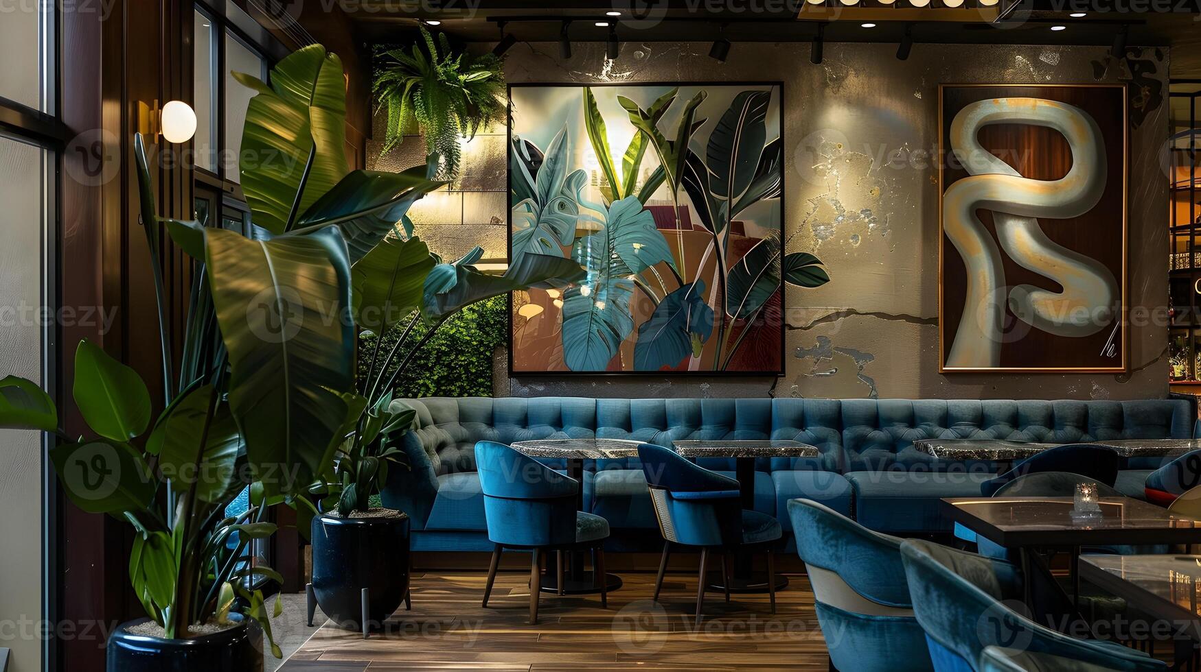 Sophisticated Tropical-Inspired Lounge in Upscale Restaurant Setting photo