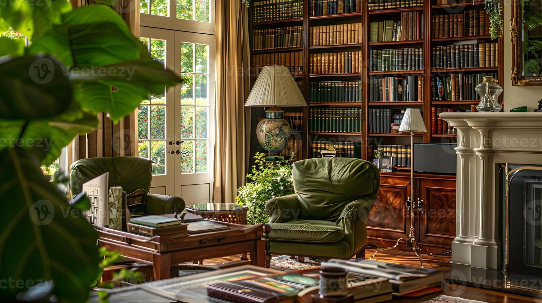 Cozy Library Nook with Antique Furnishings and Lush Greenery Offers a Tranquil Refuge for Avid Readers photo