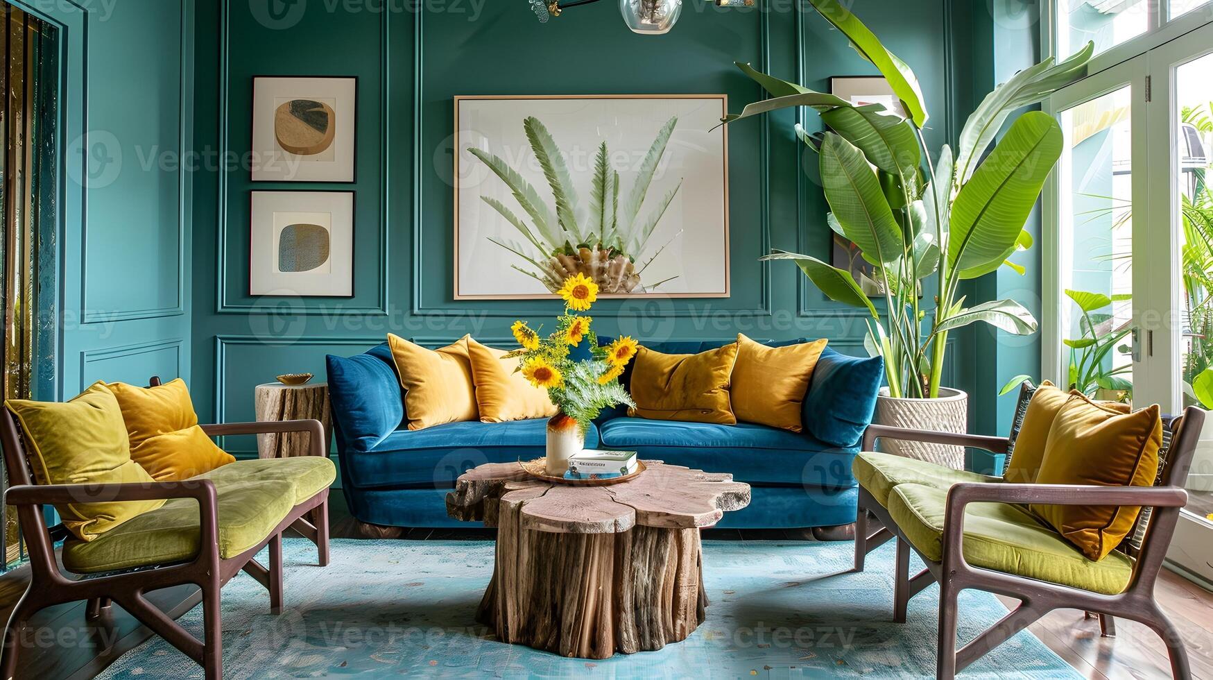 acogedor y elegante vivo habitación con vibrante color paleta y lozano verdor foto