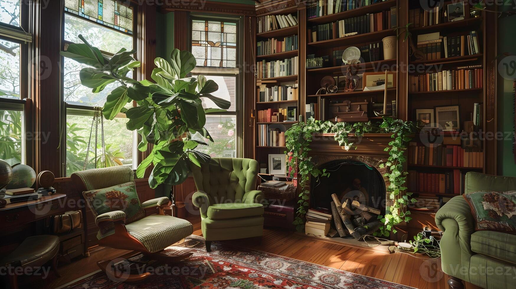 Cozy and Inviting Library Nook with Fireplace and Lush Greenery Offering a Serene Retreat for Avid Readers photo