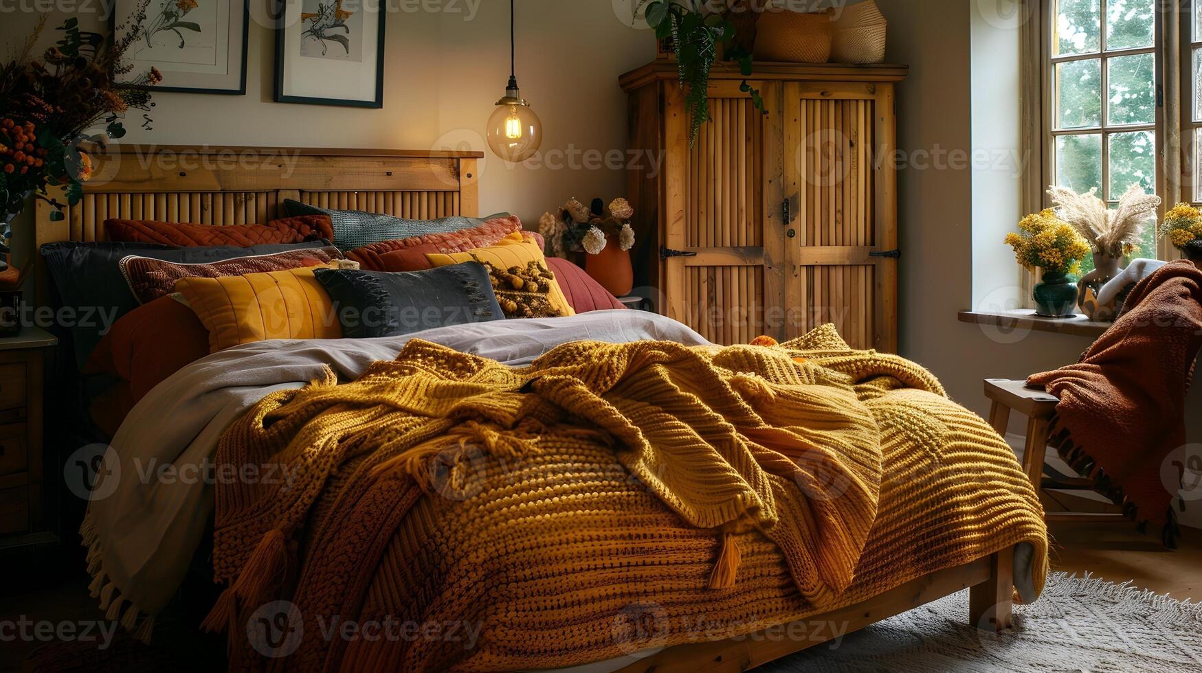 Cozy Autumn Bedroom Retreat with Knitted Textures and Warm Lighting photo