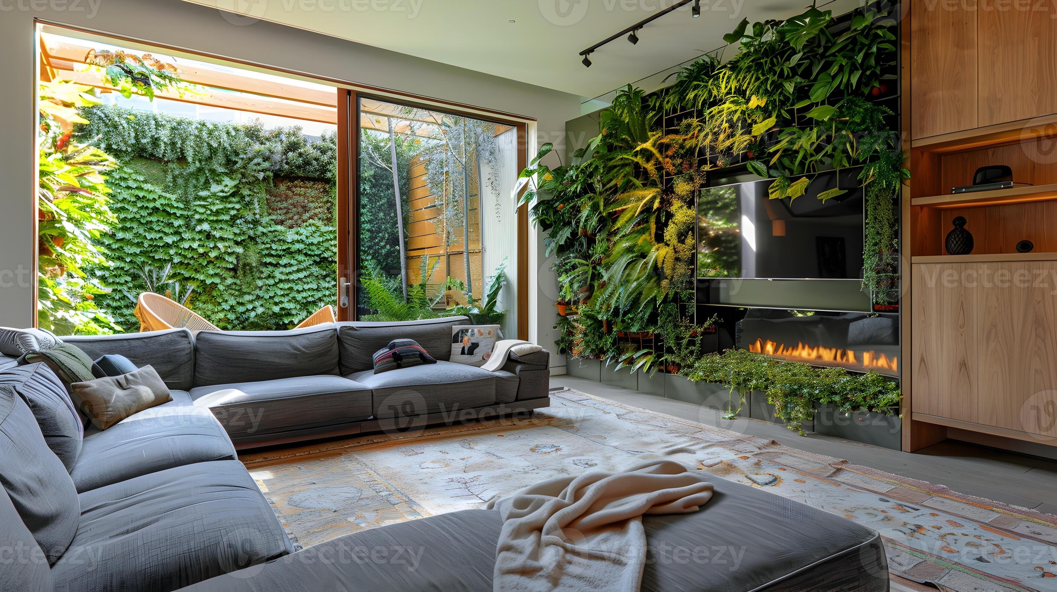 Lush Indoor Garden Oasis with Luxurious Seating and Fireplace for