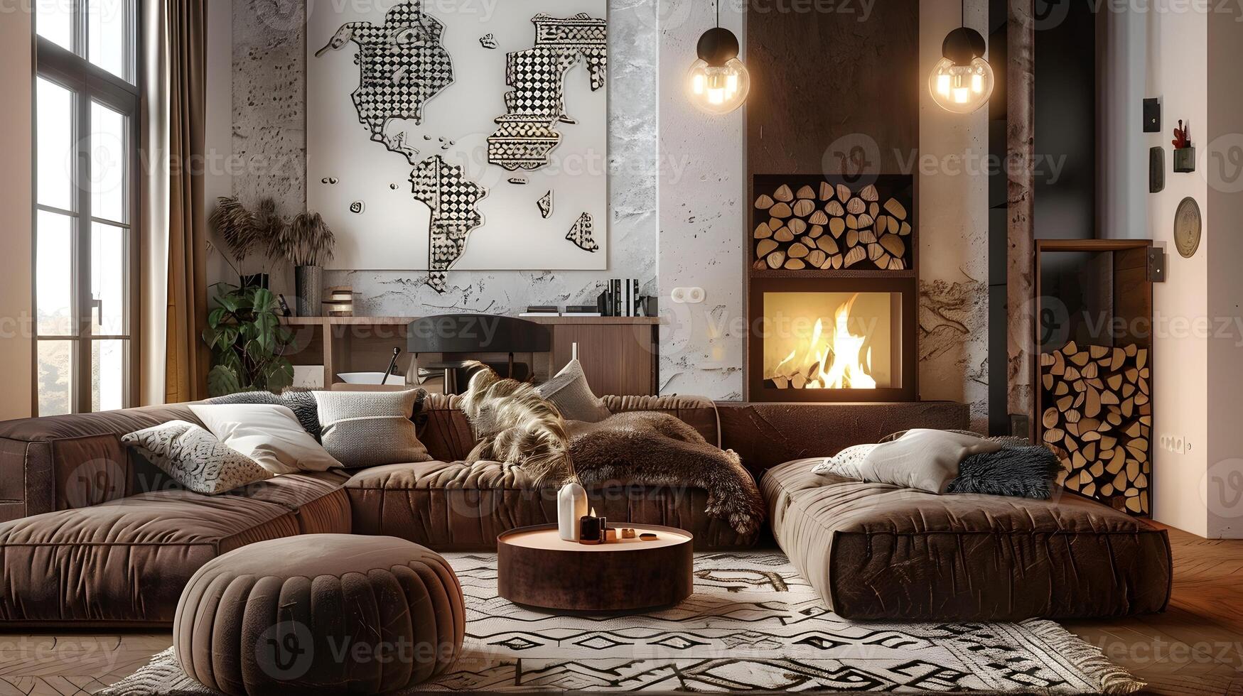 Cozy Cabin-Inspired Living Room with Inviting Fireplace and Rustic Decor photo