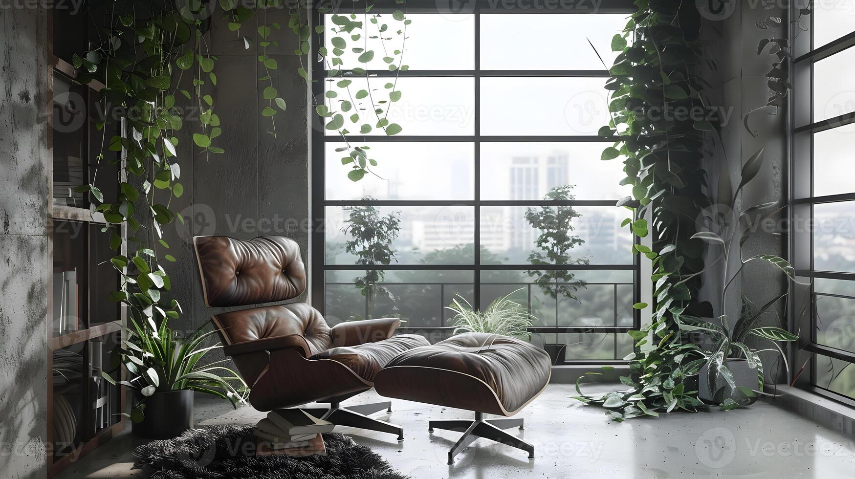 Cozy Industrial Loft Living Room with Verdant Botanical Accents Offering a Serene and Contemplative Atmosphere photo