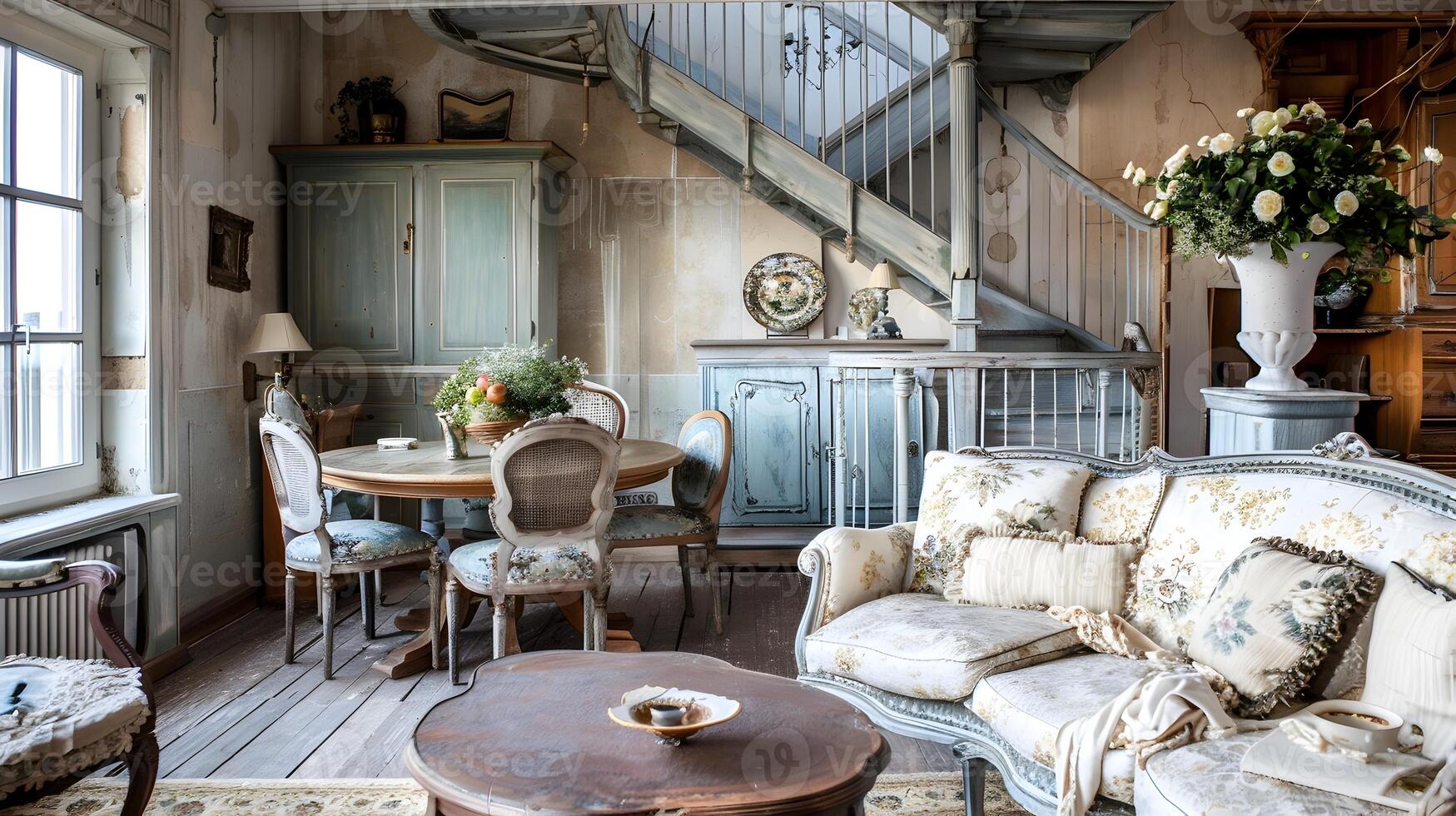 Charming Rustic Farmhouse Styled Living Room with Vintage Furnishings and Floral Accents photo