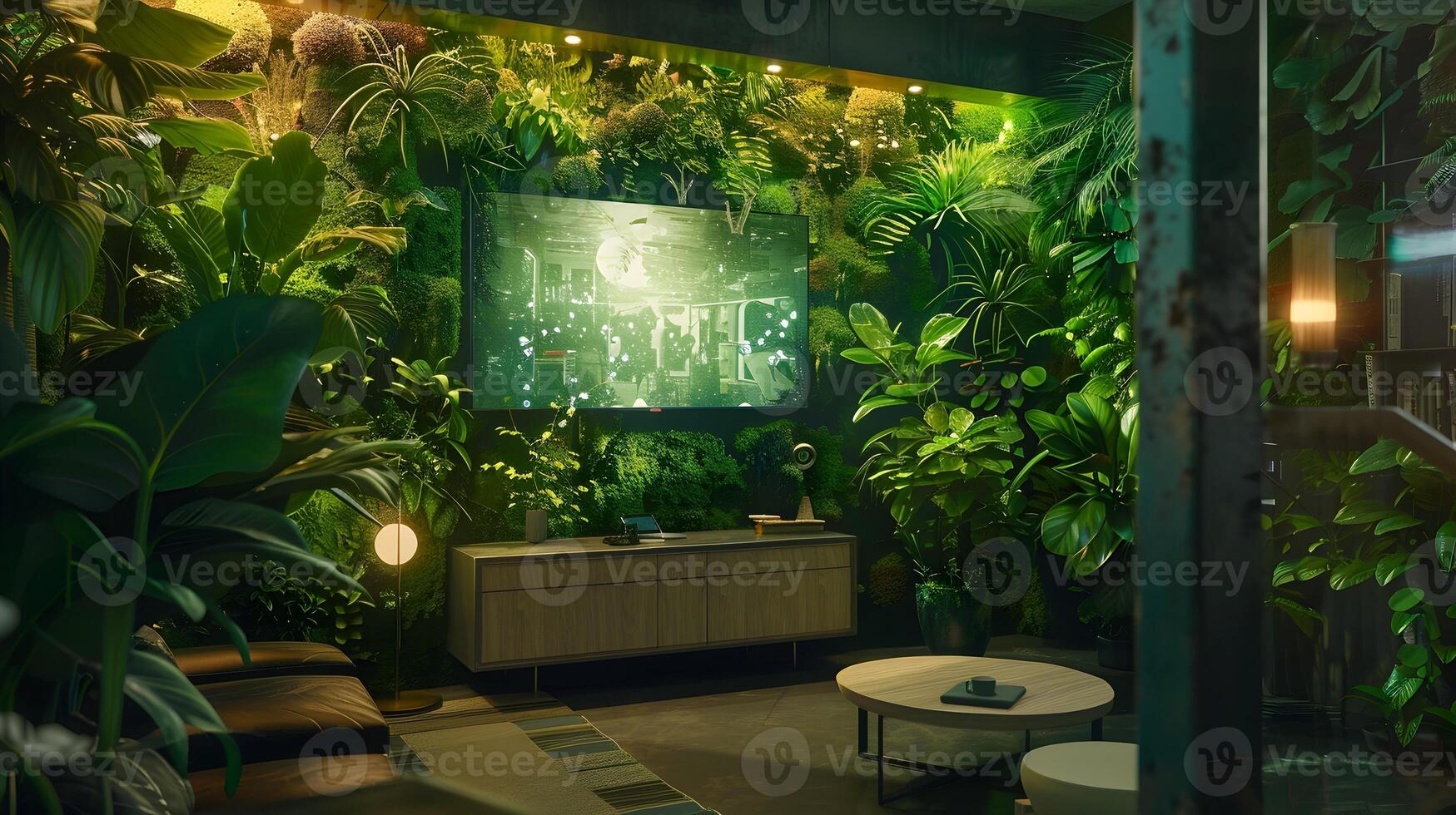 Lush Tropical Greenhouse Sanctuary with Digital Display photo