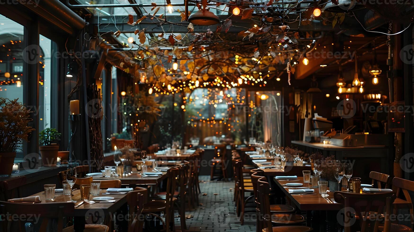 Cozy Cafe Ambiance with Enchanting String Lights and Rustic Decor for Intimate Gatherings photo