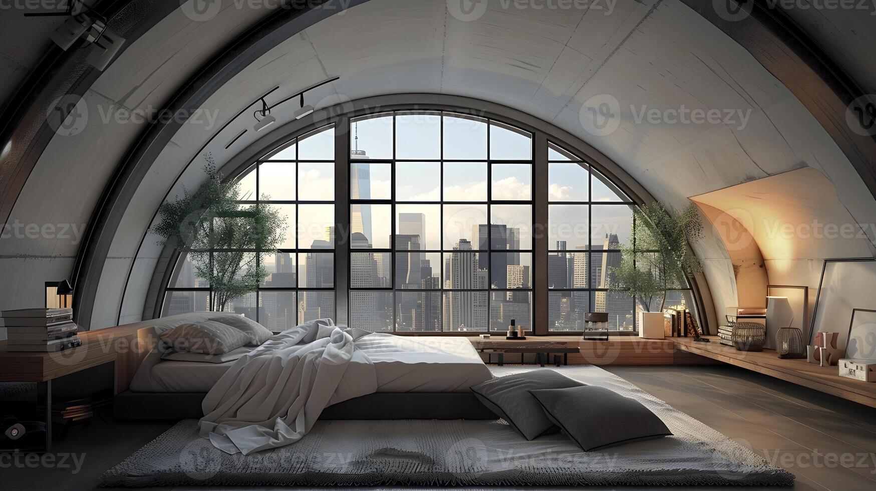 Cozy Loft Bedroom with Panoramic City Skyline View - Luxurious Contemporary Apartment Interior photo