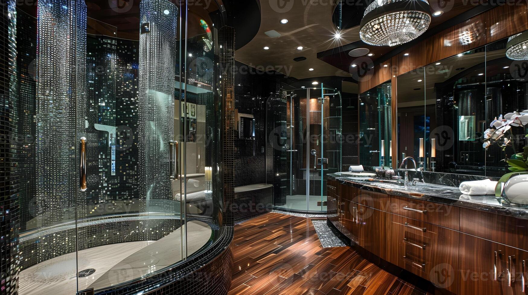 Upscale Bathroom Oasis Luxurious Ebony Wood and Crystal-Encrusted Sparkling Lights photo