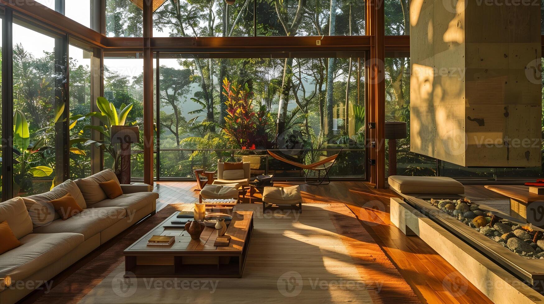 Tranquil Living Room Haven Sleek Electric Fireplace and Jungle View photo