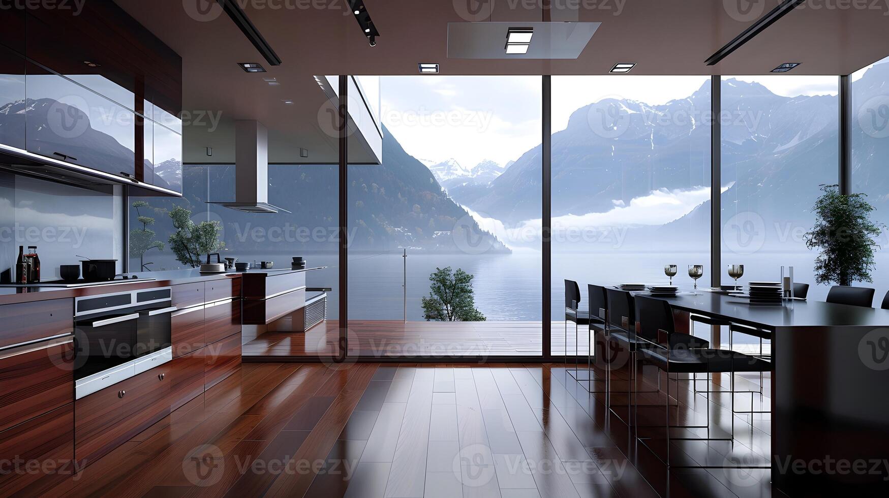 elegante moderno cocina con vista a cubierto de niebla montañas mediante piso a techo ventanas foto