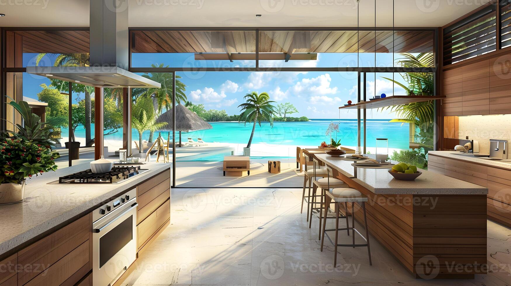 Ultramodern Kitchen with Zebrano Wood Textures and Panoramic Views of Azure Lagoon photo