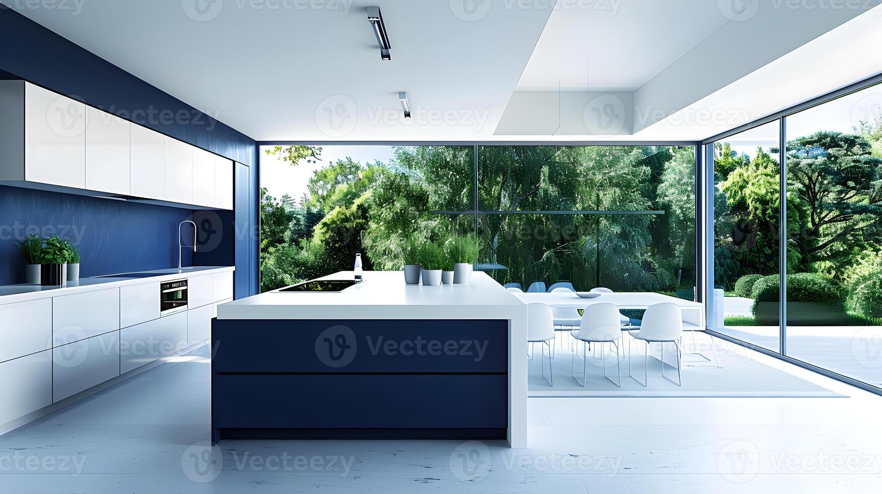 Stylish Minimalist Kitchen with Lapis Lazuli Island and Greenery View photo