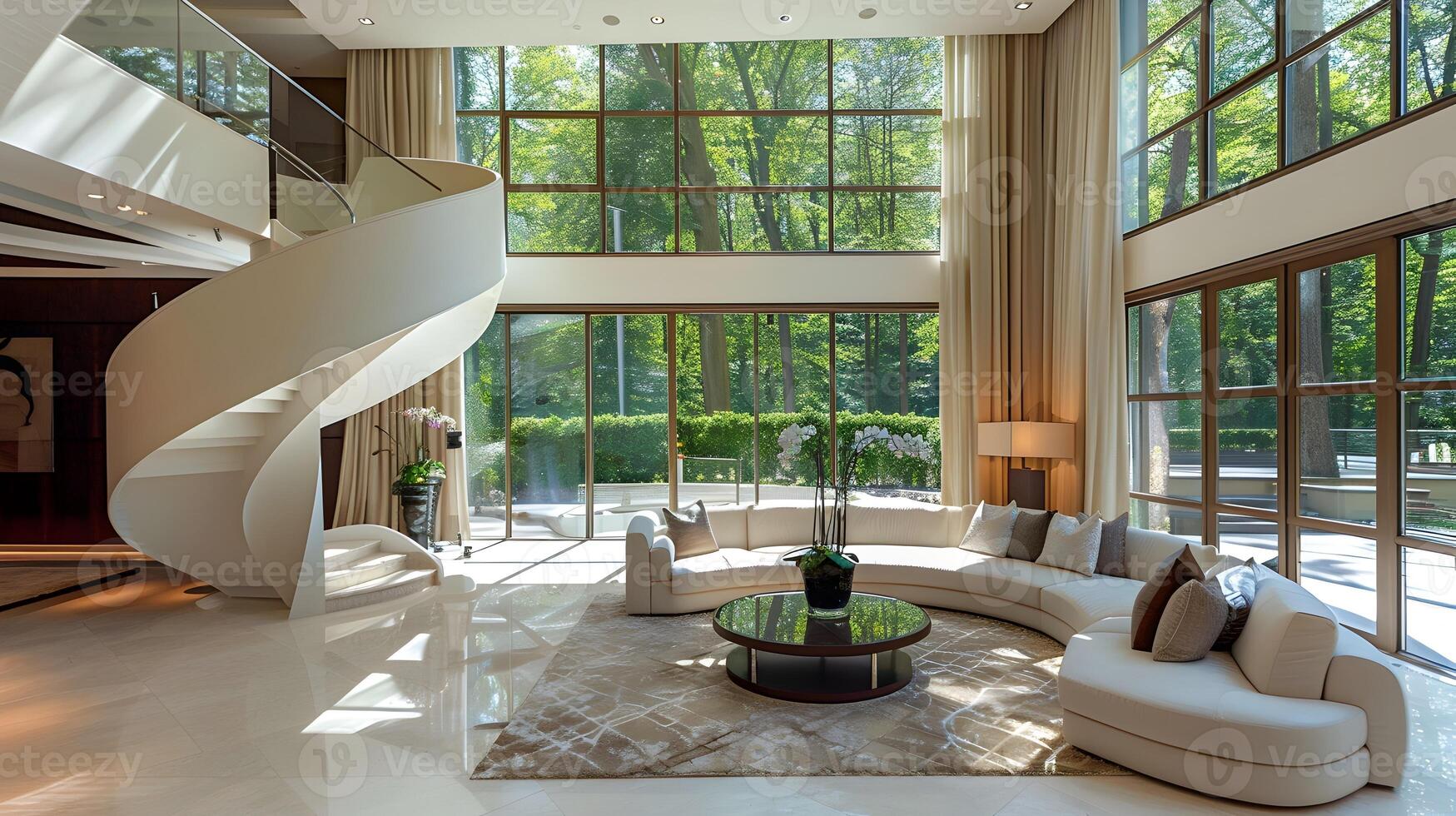 Stylish Modern Living Room in Luxury Mansion overlooking Lush Green Garden in London photo