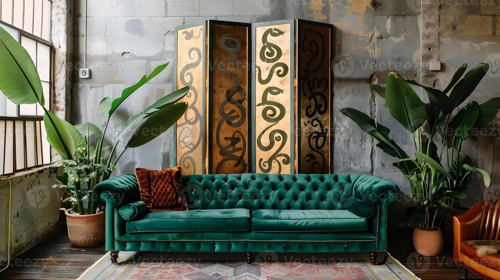Vintage Emerald Green Chesterfield Sofa Adorns Industrial Loft Space with Boho Decor and Tribal Patterns photo