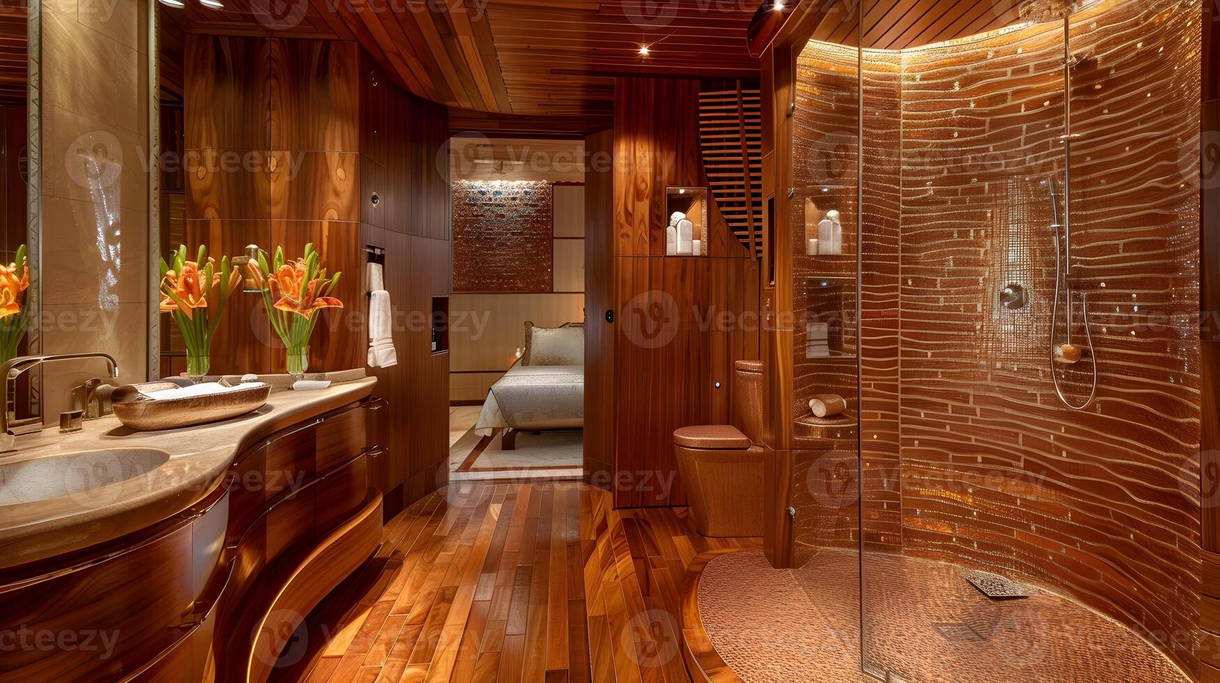madera de zebrano opulencia - un calentar y texturizado baño santuario con resumen mosaico embaldosado ducha foto