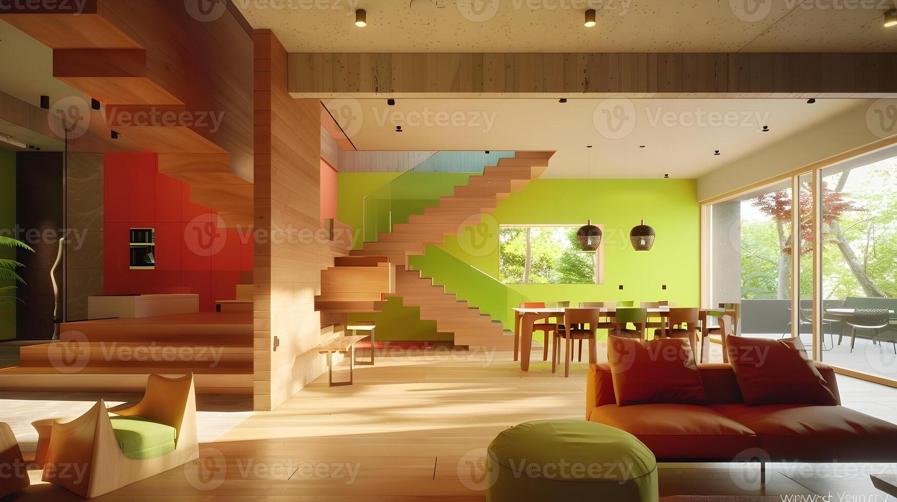 Vibrant Modern House Interior with Green Accents and Wooden Staircase photo