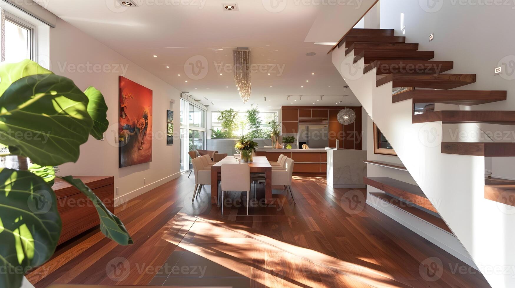 Vivid Open Plan Living Space and Fashion-Forward Dining Area with Matte-Finished Cherry Wood Staircase photo