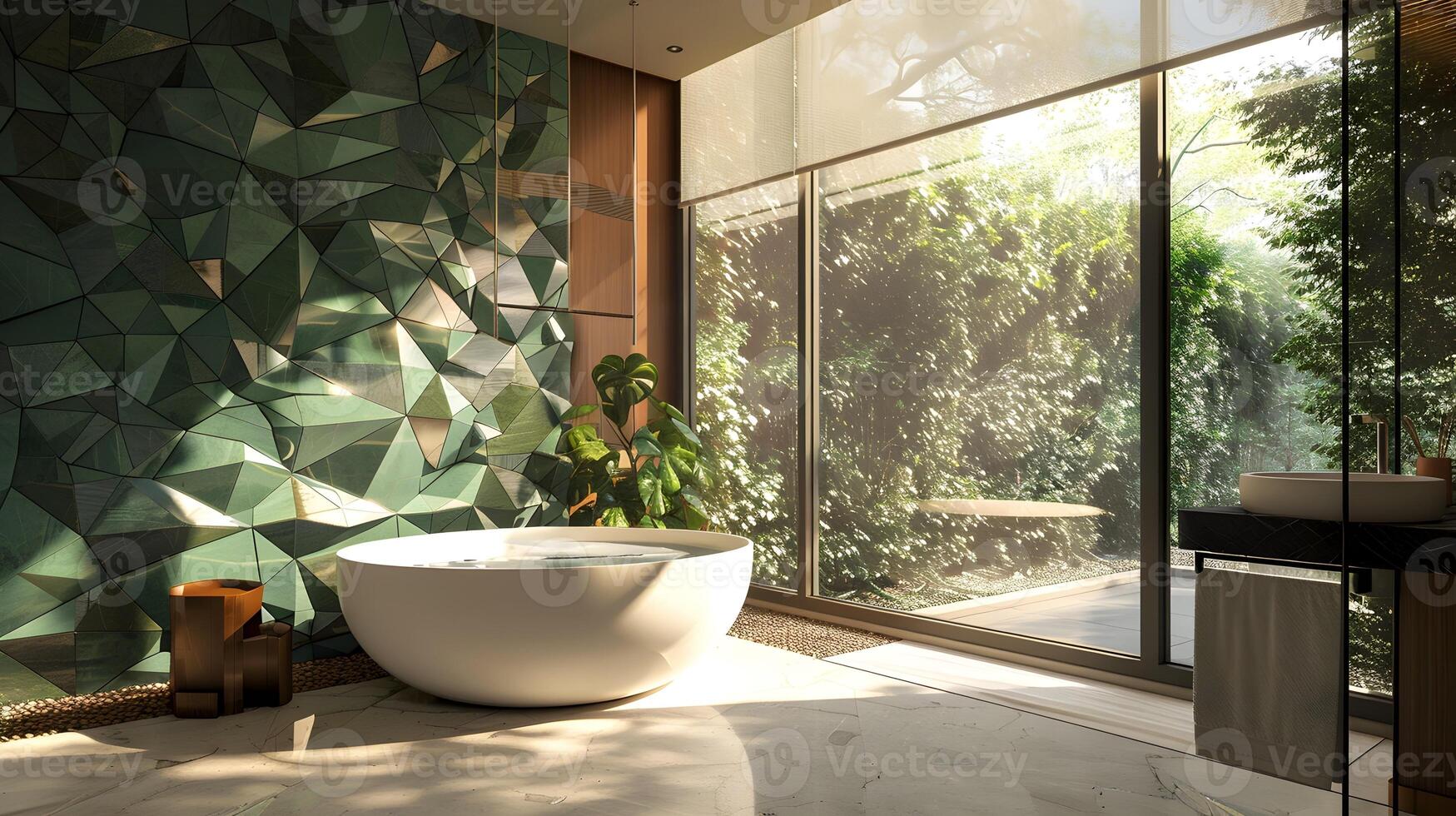 Serene Bathroom Retreat with Green Geometric Tiles and Freestanding Tub Amidst Lush Gardens photo