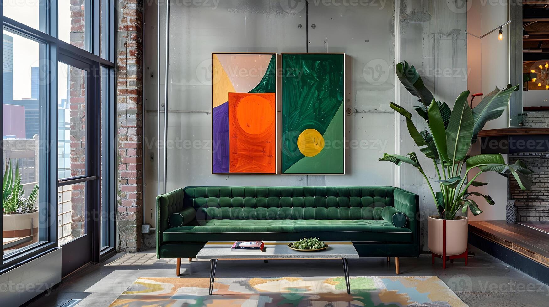 Sophisticated Meeting Place A Green Velvet Sofa in an Industrial Loft photo