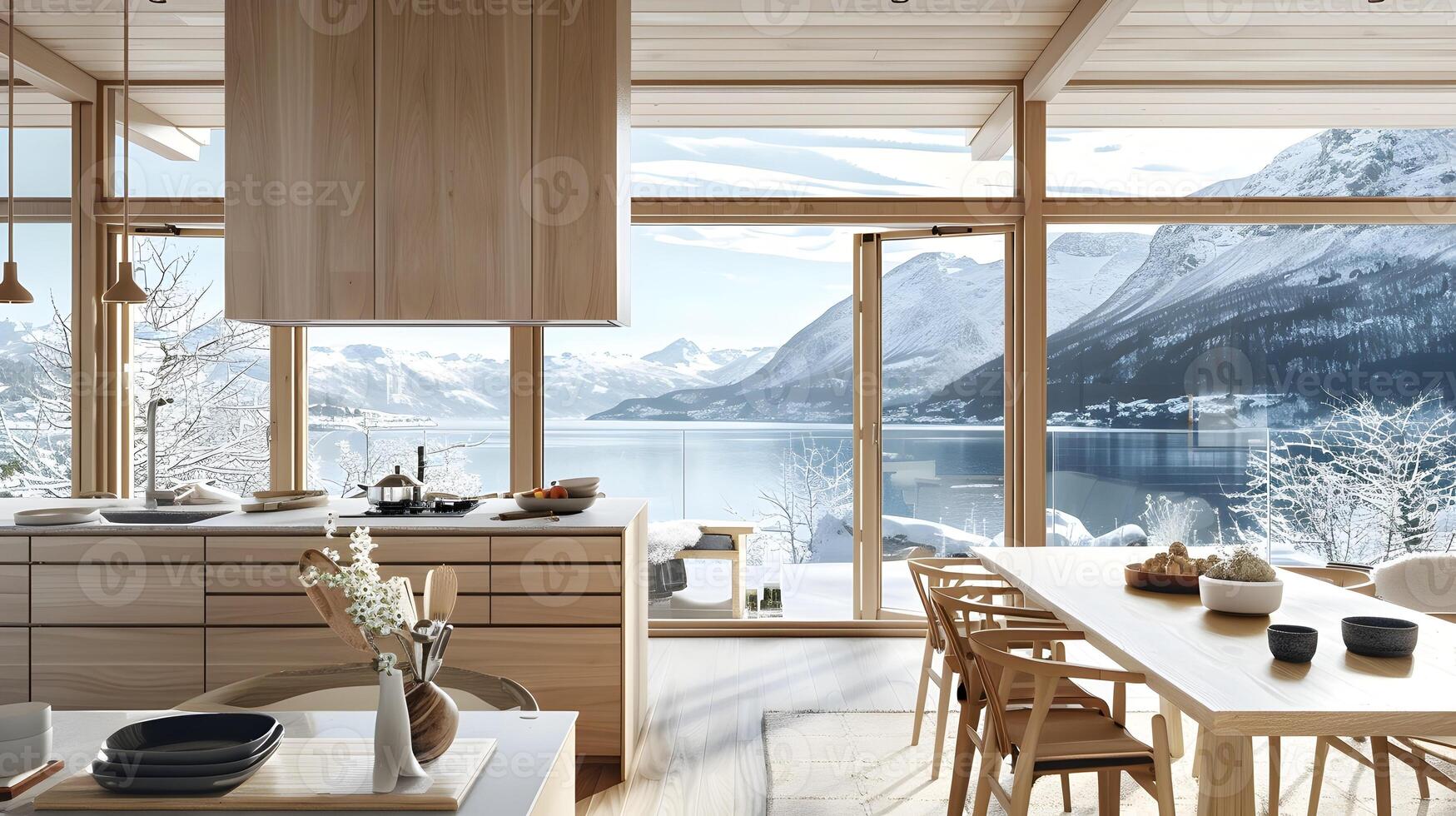 Scandinavian Kitchen Overlooking Fjord and Snow-Covered Mountains A Winter Haven of Minimalist Luxury and Cozy Design photo