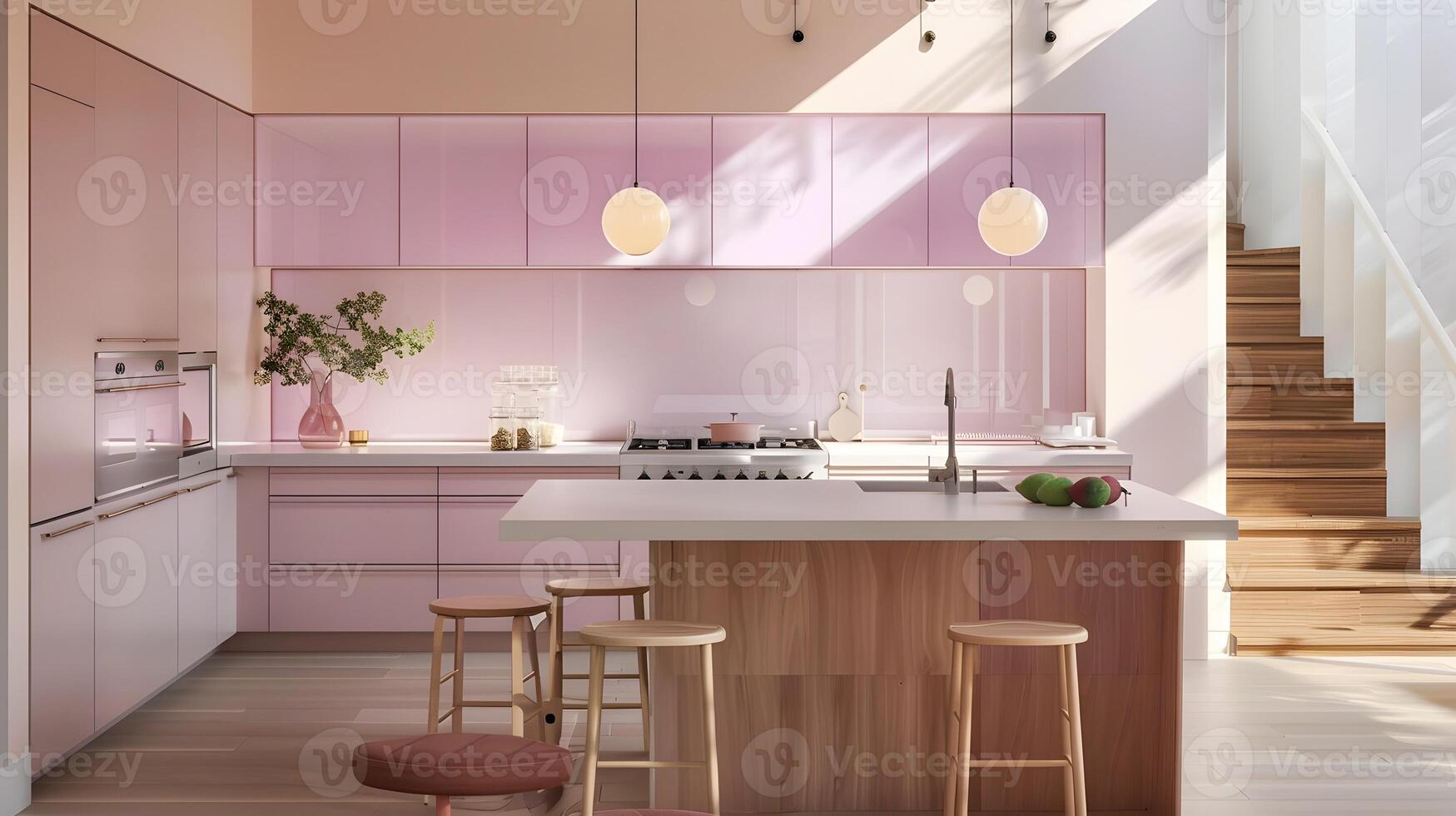 Scandinavian-Inspired Kitchen with Pink Cabinets and Douglas Fir Wood Accents photo