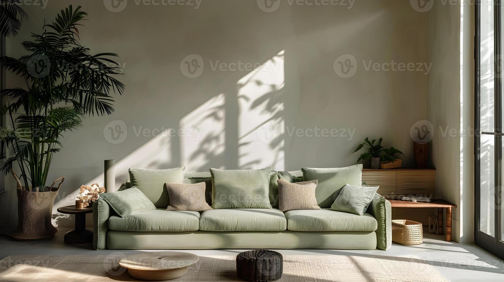 Sage Green Sofa in Modern Minimalist Living Room Radiating Peace and Harmony photo