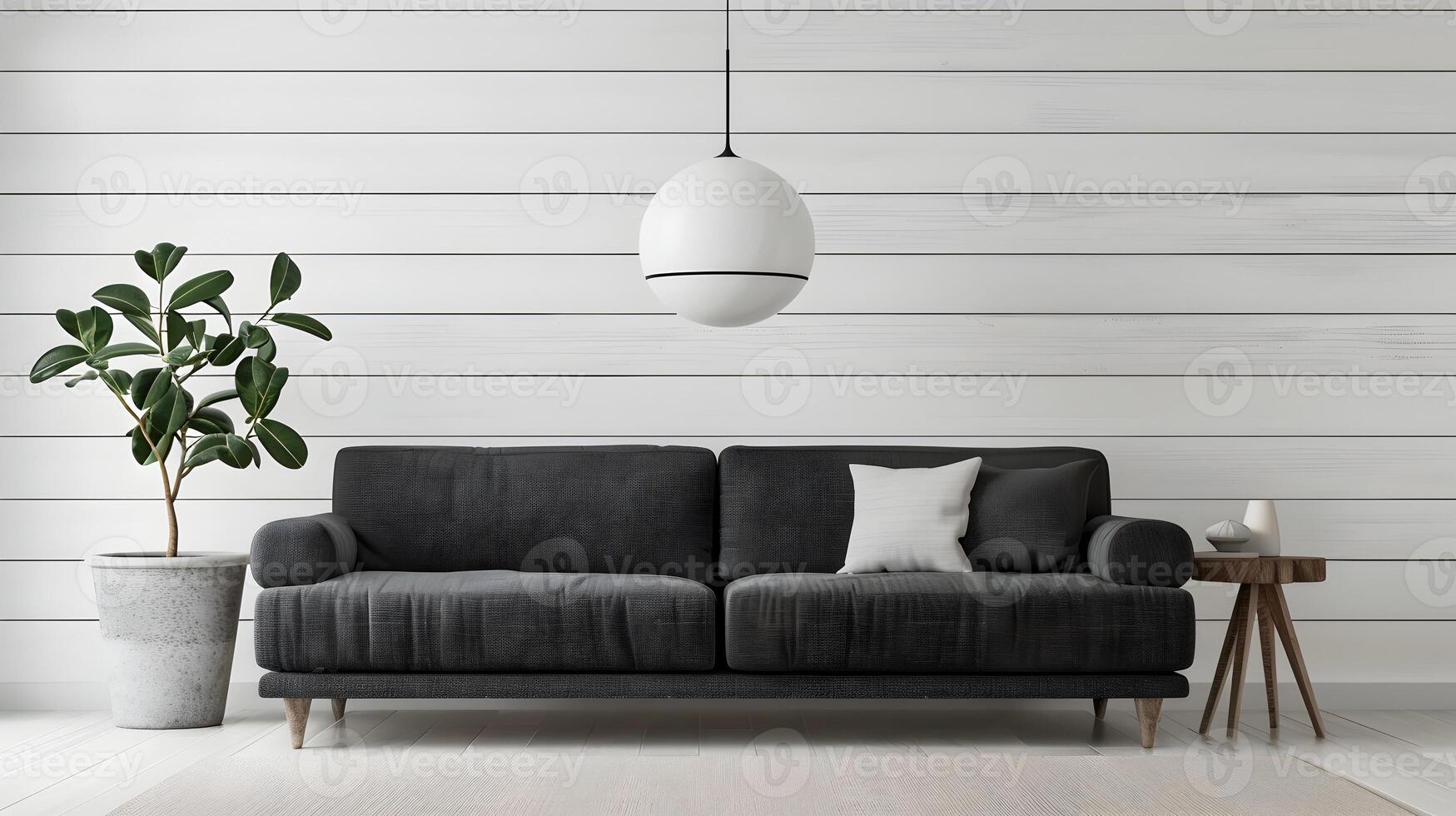 Scandinavian-Inspired Minimalist Living Room with Grey Sofa and White Shiplap Wall Featuring a Hanging Lamp photo