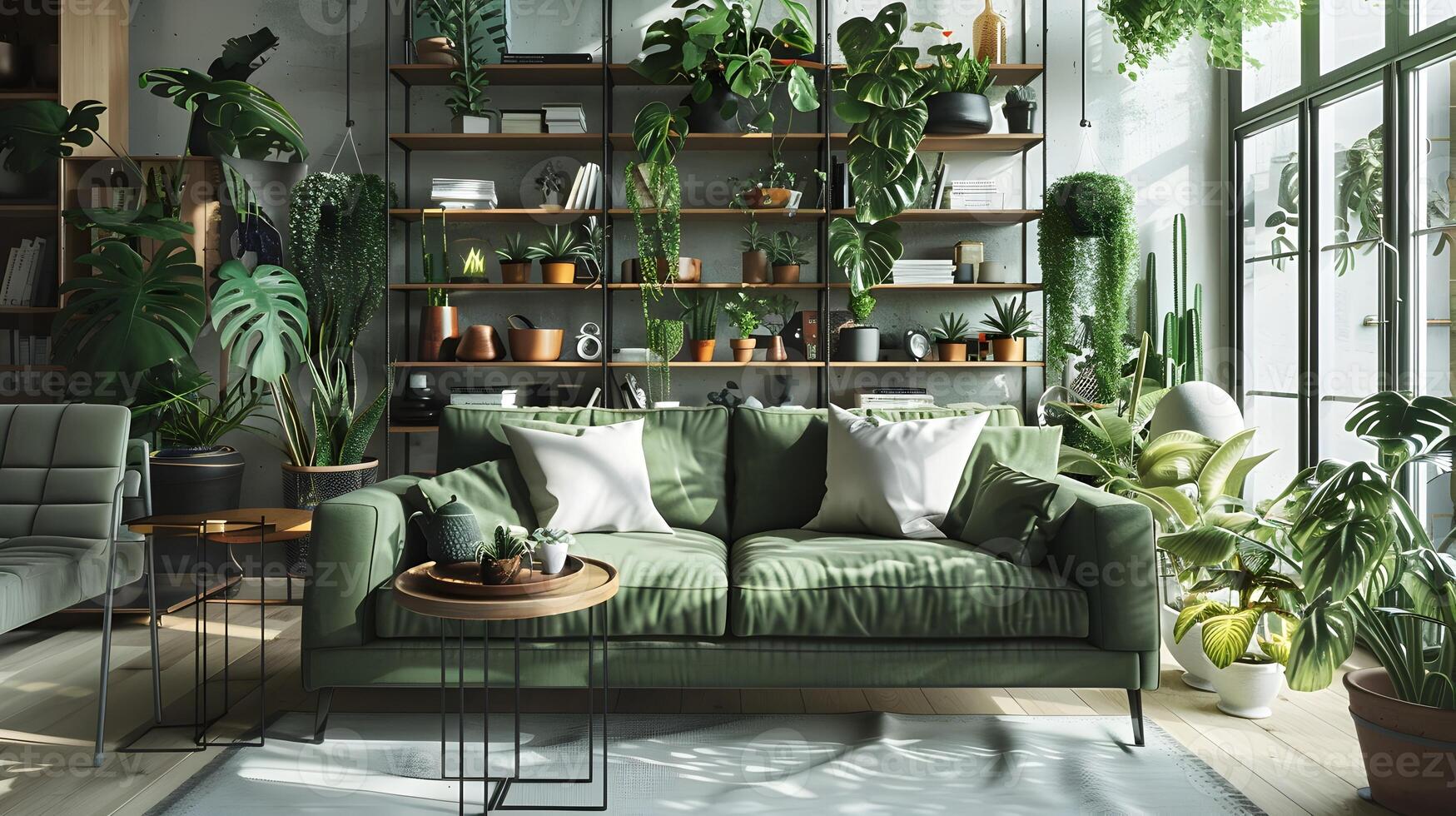 Scandinavian Living Room Incorporates Lush Green Urban Jungle Theme photo