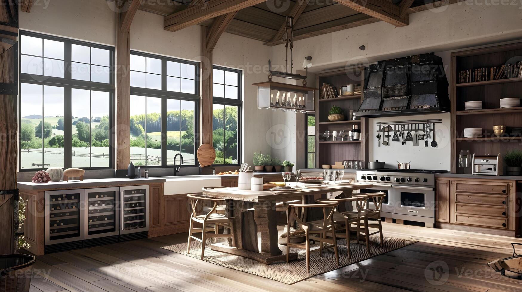 Rustic Farmhouse Kitchen with Wide Windows and Island, Showcasing Vintage-Inspired Appliances and Charming Dining Area photo