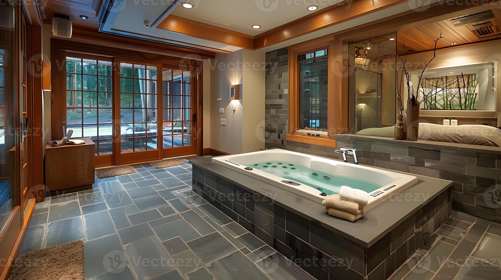 Revitalizing Jacuzzi Tub in Serene Spa-Inspired Bathroom with Natural Slate Tiles and Teak Wood Accents photo