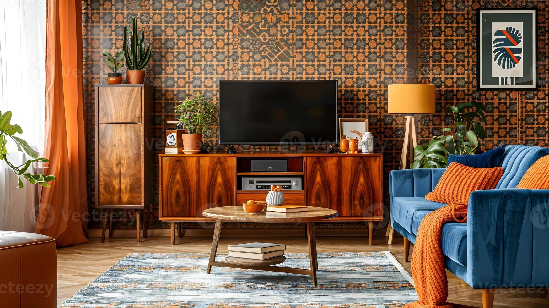 Retro Living Room Oasis Mesmerizing Patterned Wallpaper and Vintage Furniture Complemented by Lush Greenery photo