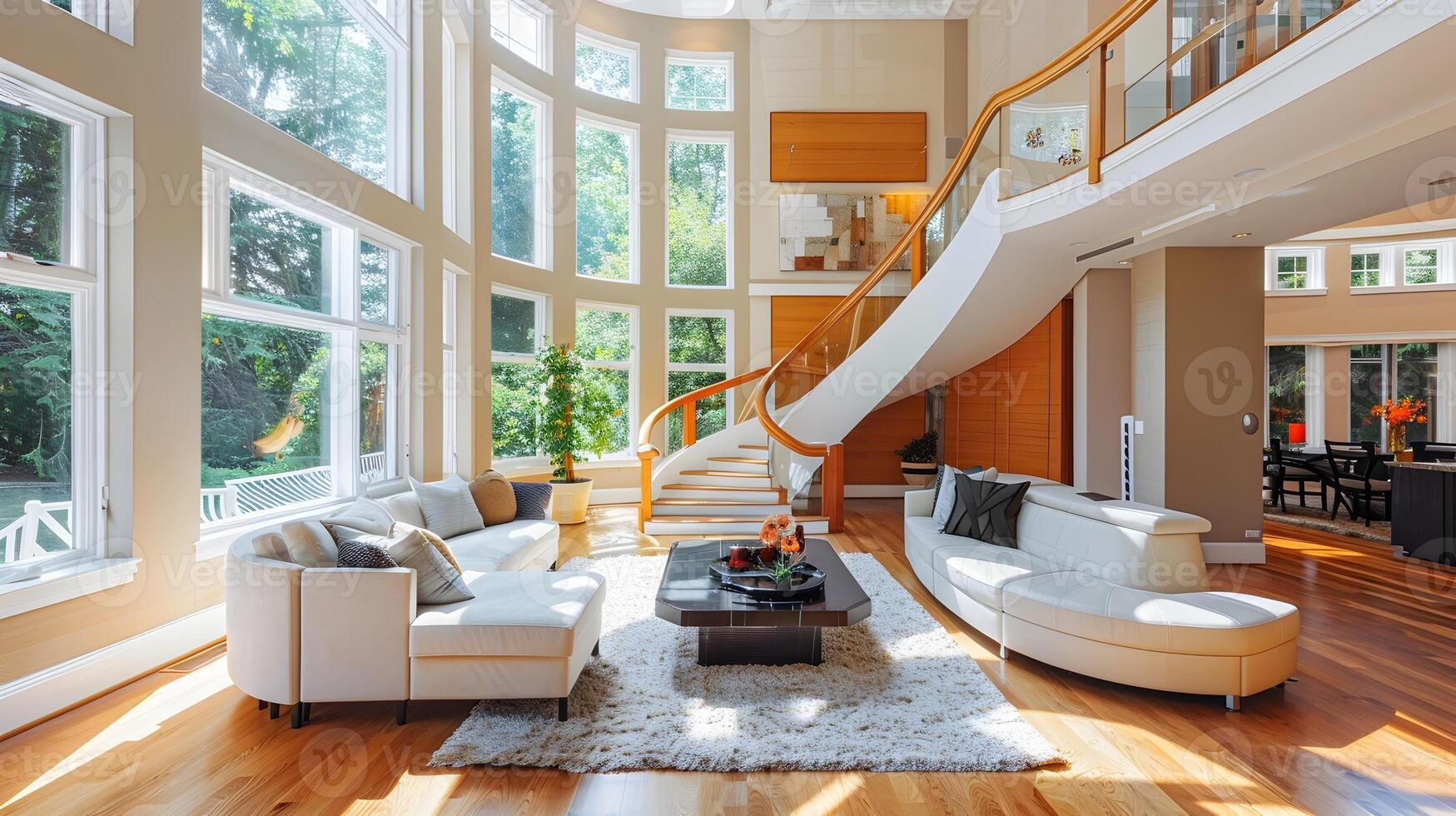 Sunlit Upscale Living Room Showcasing Luxury and Comfort with a Spiral Staircase and Nature's Beauty photo