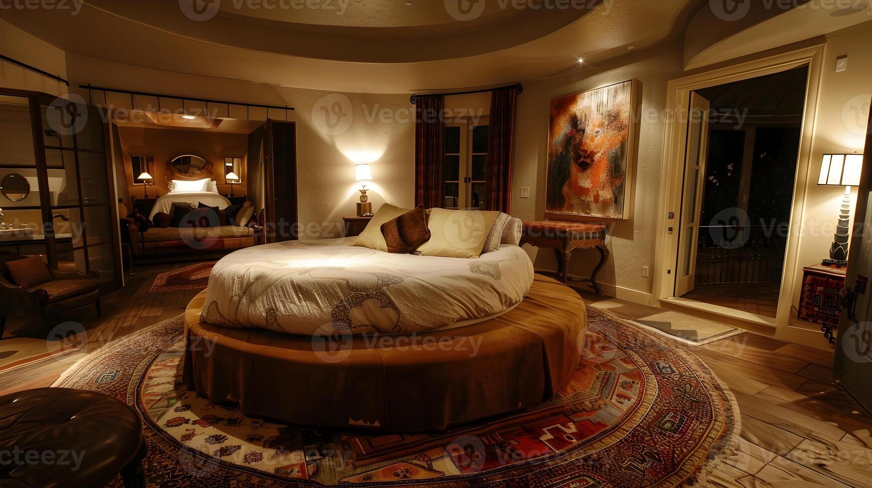 Sumptuous Circular Bed in Upscale Suite Fusing Contemporary and Classic Design Elements photo