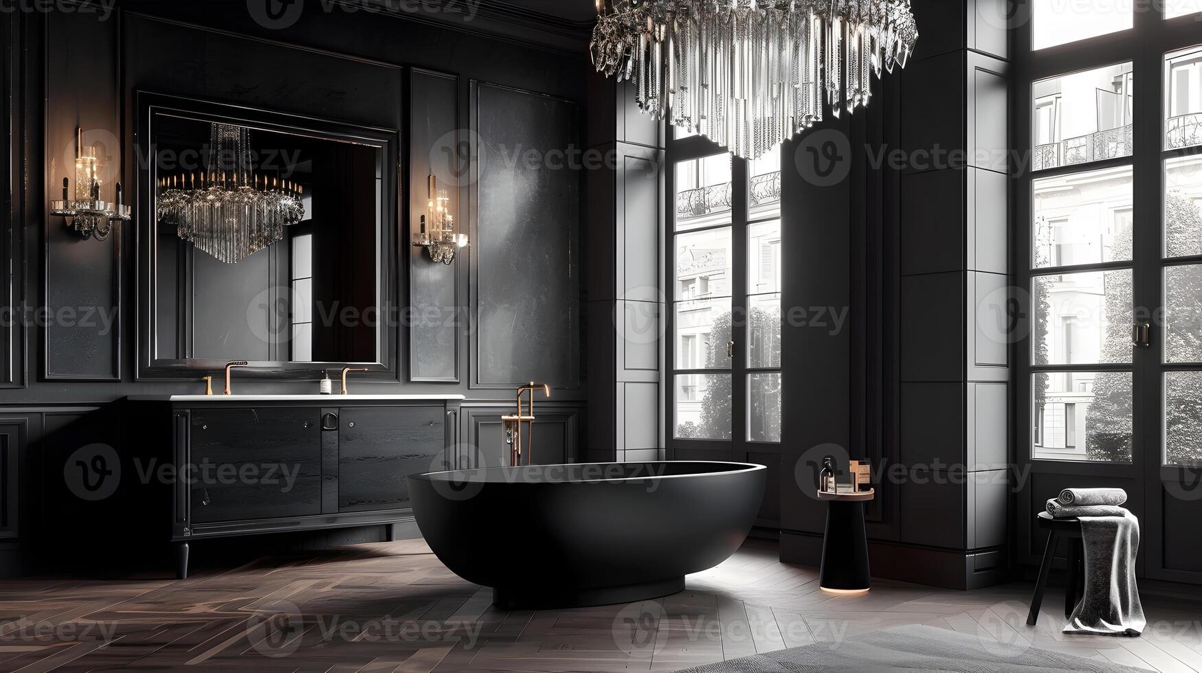 Stylish Modern Bathroom with Oval Freestanding Tub and Crystal Chandelier Overlooking Parisian Buildings photo