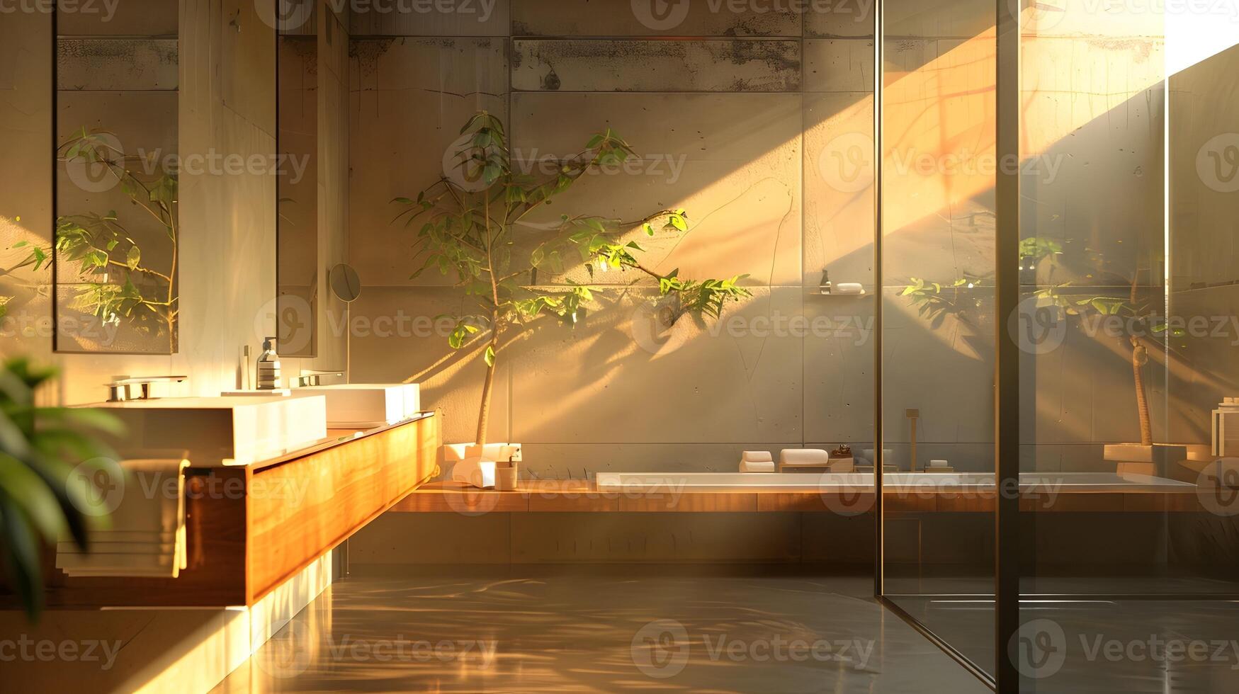 iluminado por el sol baño oasis un moderno minimalista espacio con ligero madera acentos y elegante verdor foto