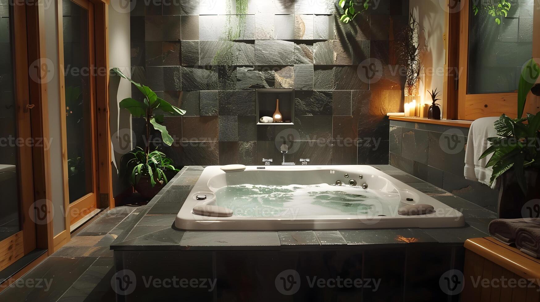 Serene Spa-Inspired Bathroom with Revitalizing Hot Tub and Natural Greenery in British Columbia, Canada photo