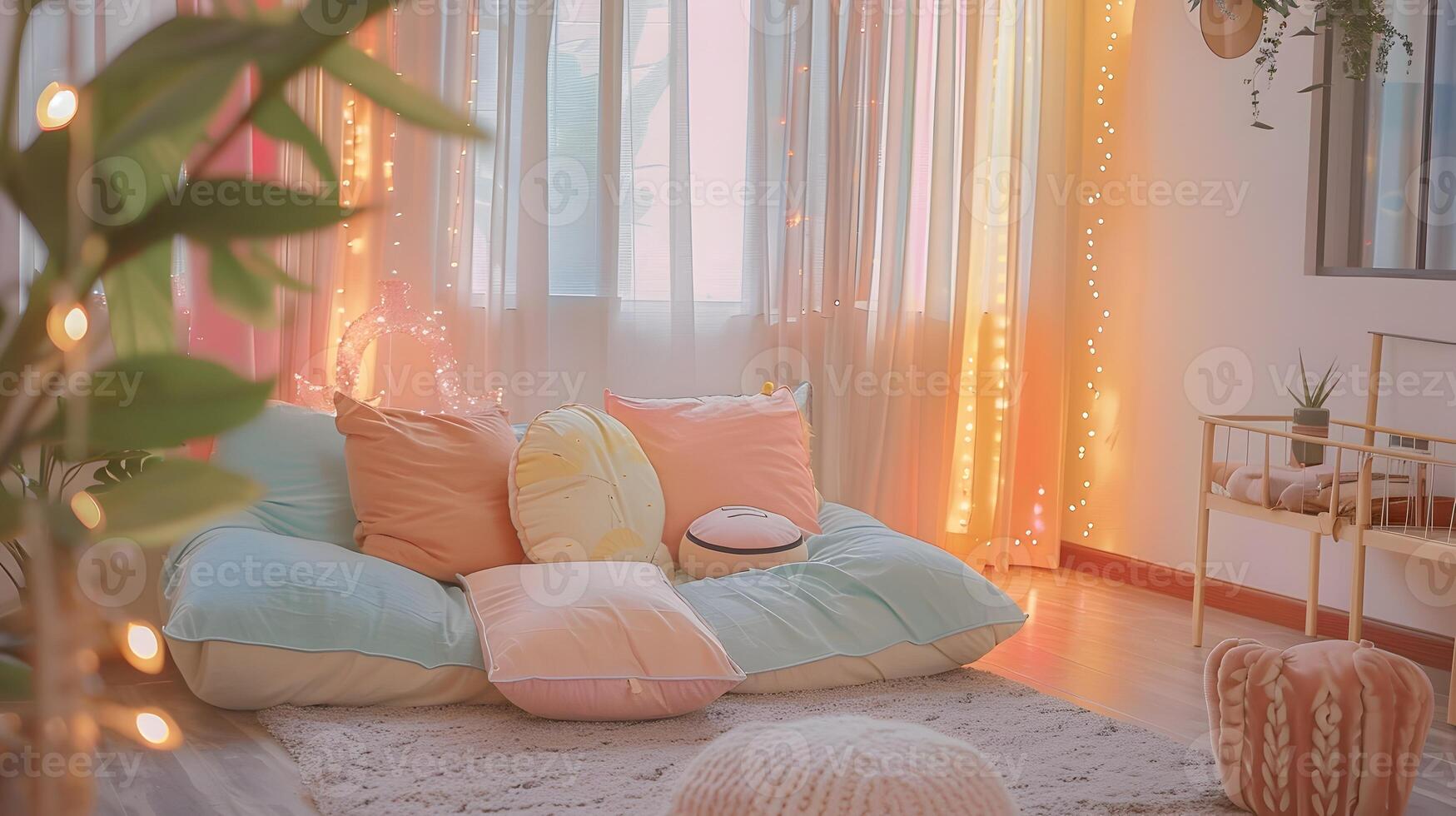 Pastel Living Room Oasis Cozy Relaxation with Fairy Lights and Plush Pillows photo