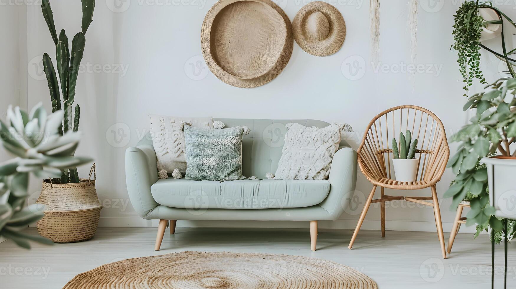 Modern Boho Living Room Pastel Green Sofa and Rattan Chair Adorned with Potted Plants and Straw Hats photo