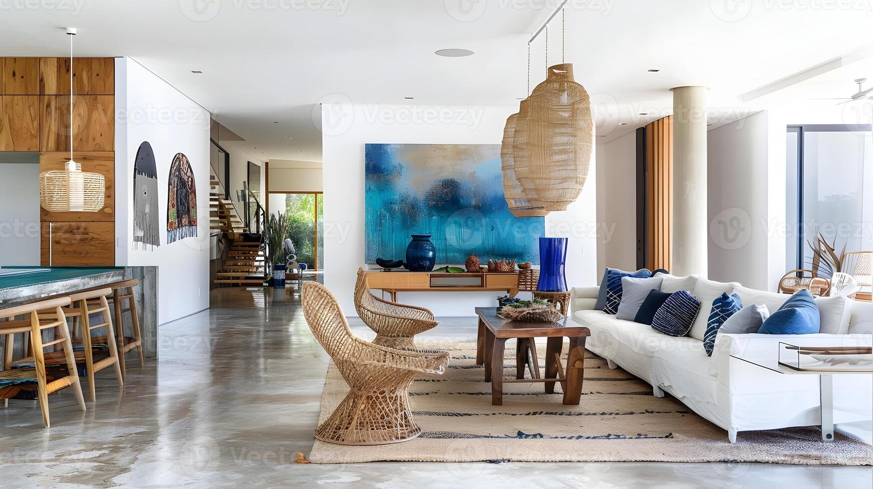 moderno costero vivo habitación con elegante mueble y azul acentos en blanco paredes y hormigón piso, presentando un grande resumen pintura y foto