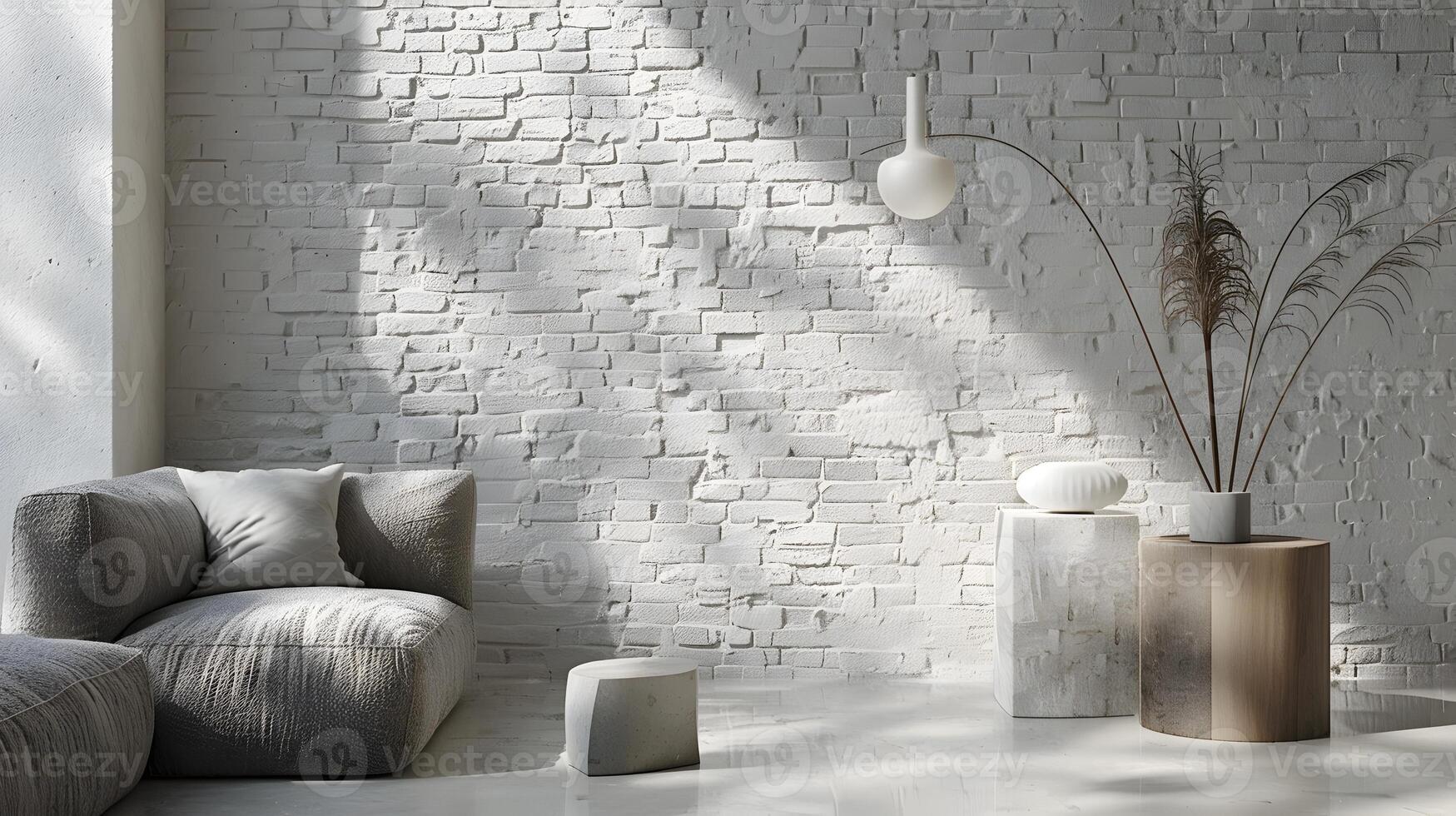minimalista ladrillo pared y pulcro sofá en nórdico vivo espacio un sereno escena foto