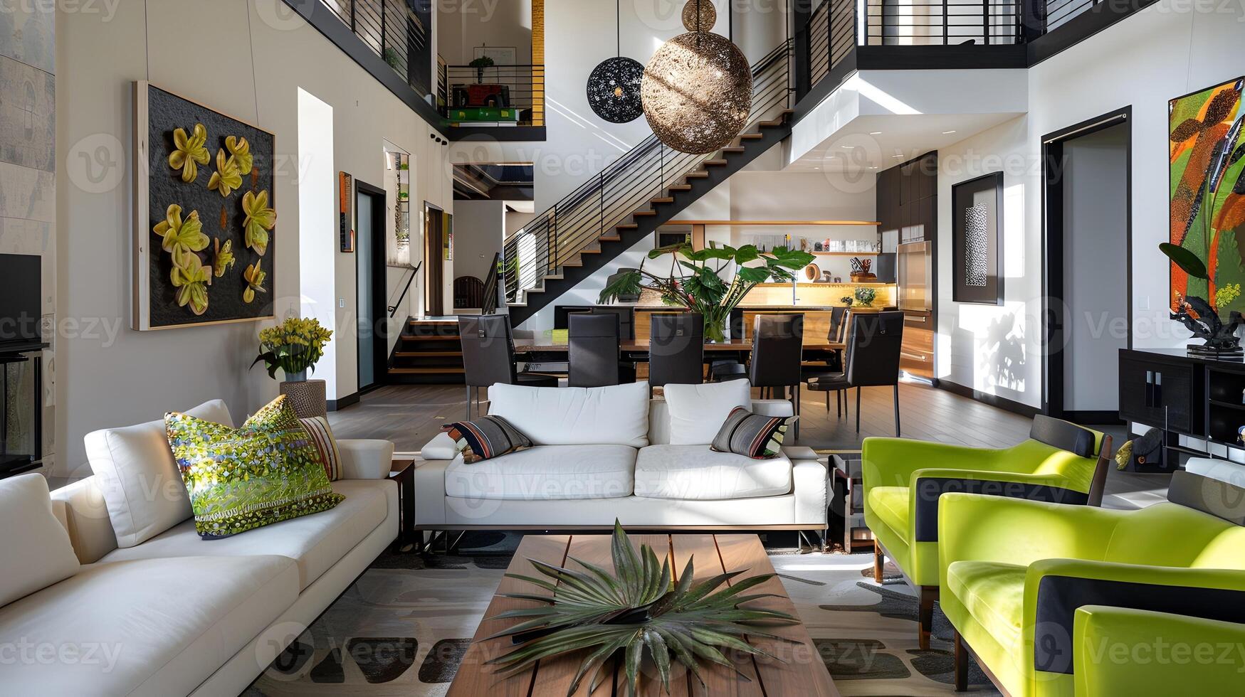 Modern Farmhouse Living Space with Black Steel Staircase and Vibrant Art Accents photo