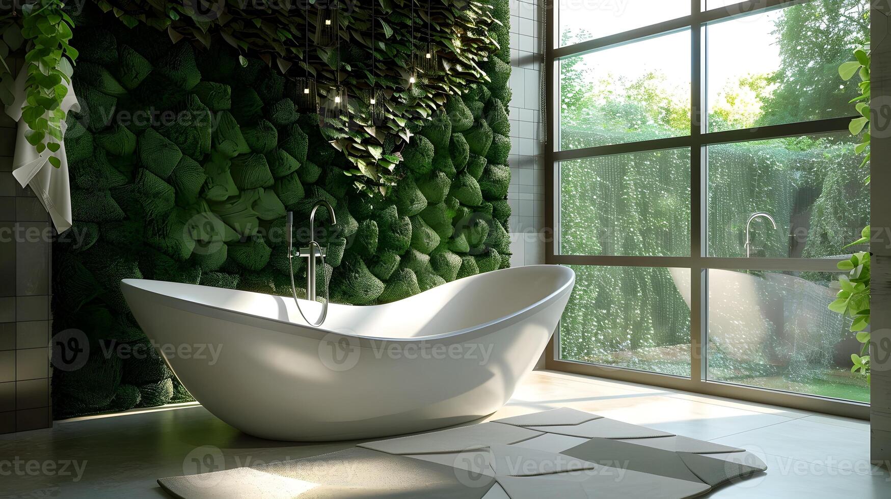 Modern Bathroom Oasis Freestanding Ellipse Tub adorned with Mossy Living Wall and Serene Garden View photo