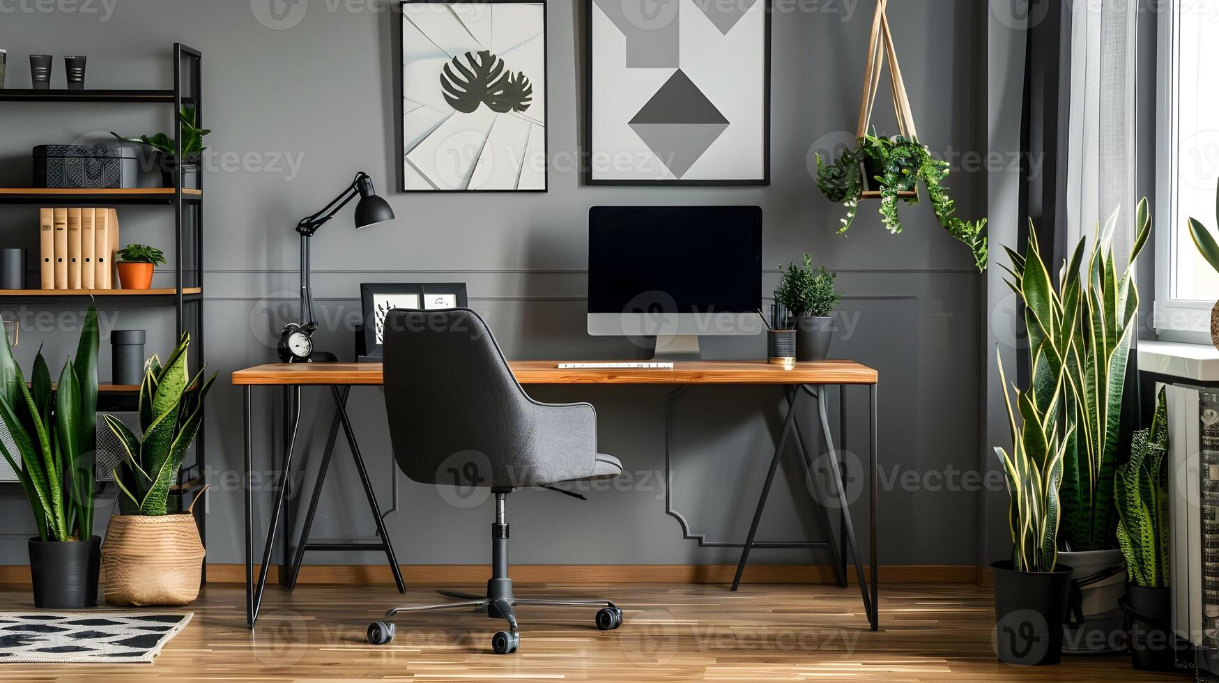 Modern Home Office Inspiring Creativity and Focus with Gray Walls, Wooden Desk, and Black Chair photo