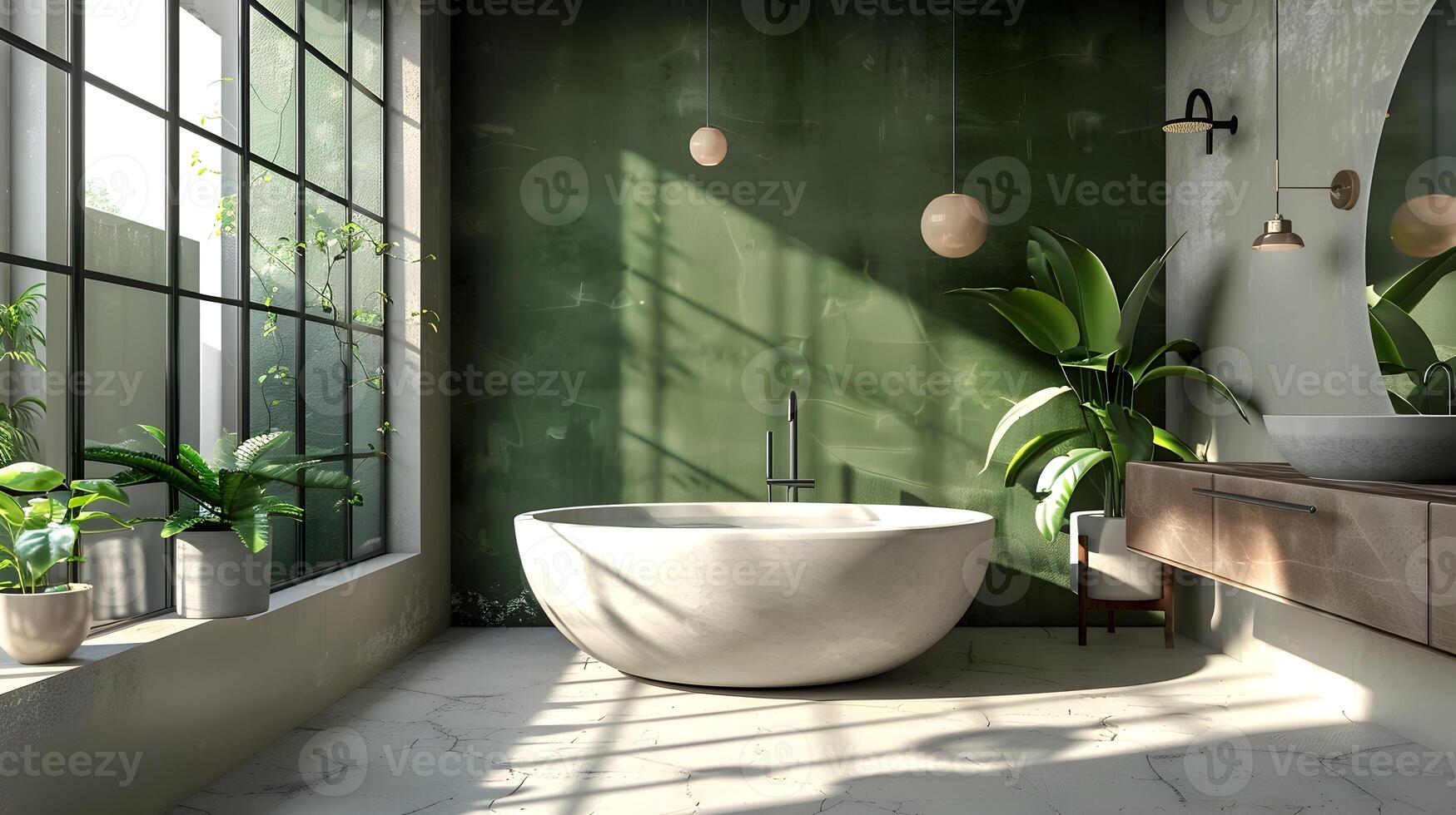 moderno baño oasis un redondo bañera anidado en contra un Rico verde musgo pared abrazado por luz foto