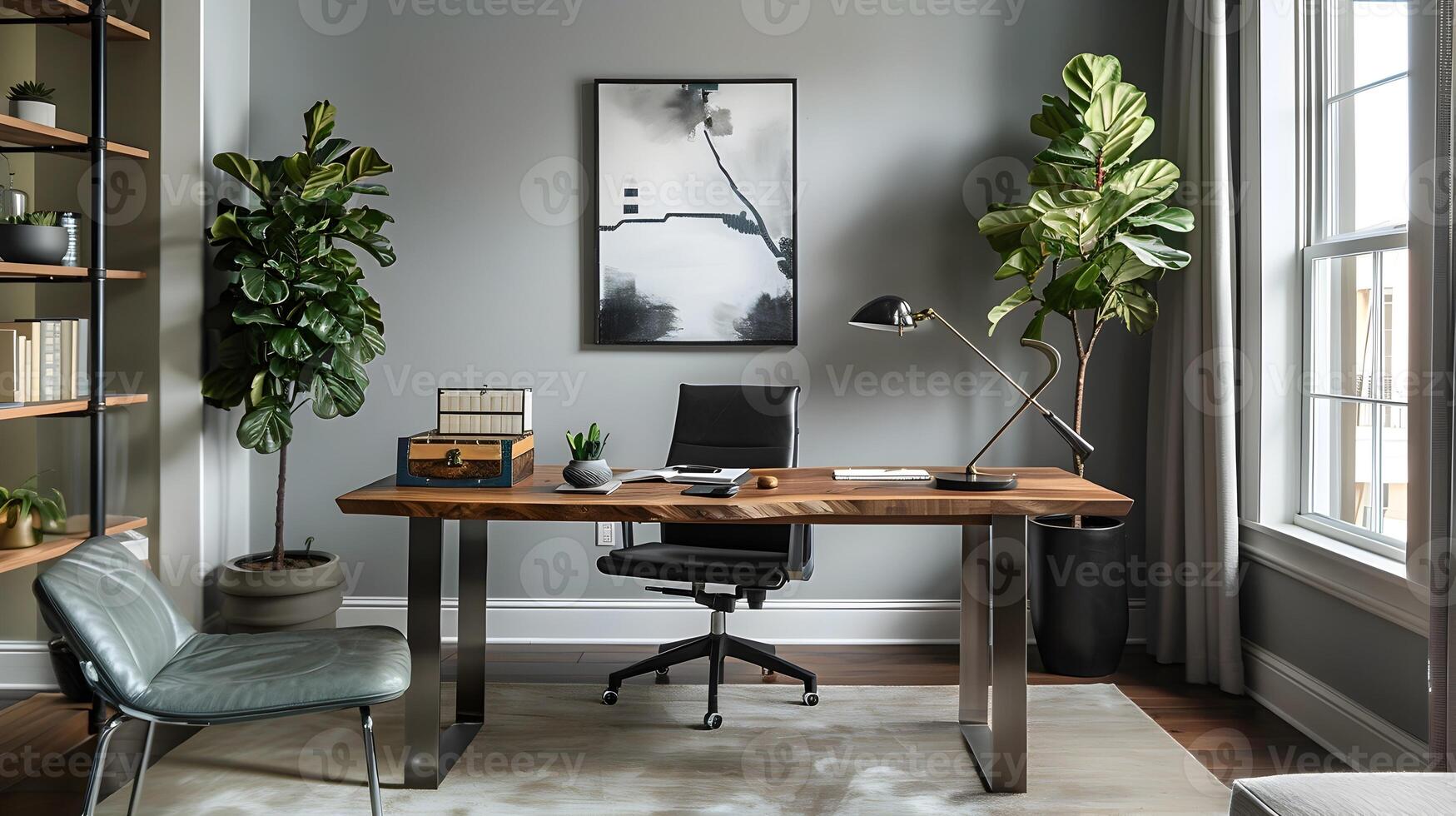 Modern Elegance Meets Industrial Charm in Home Office with Fiddle Leaf Fig photo