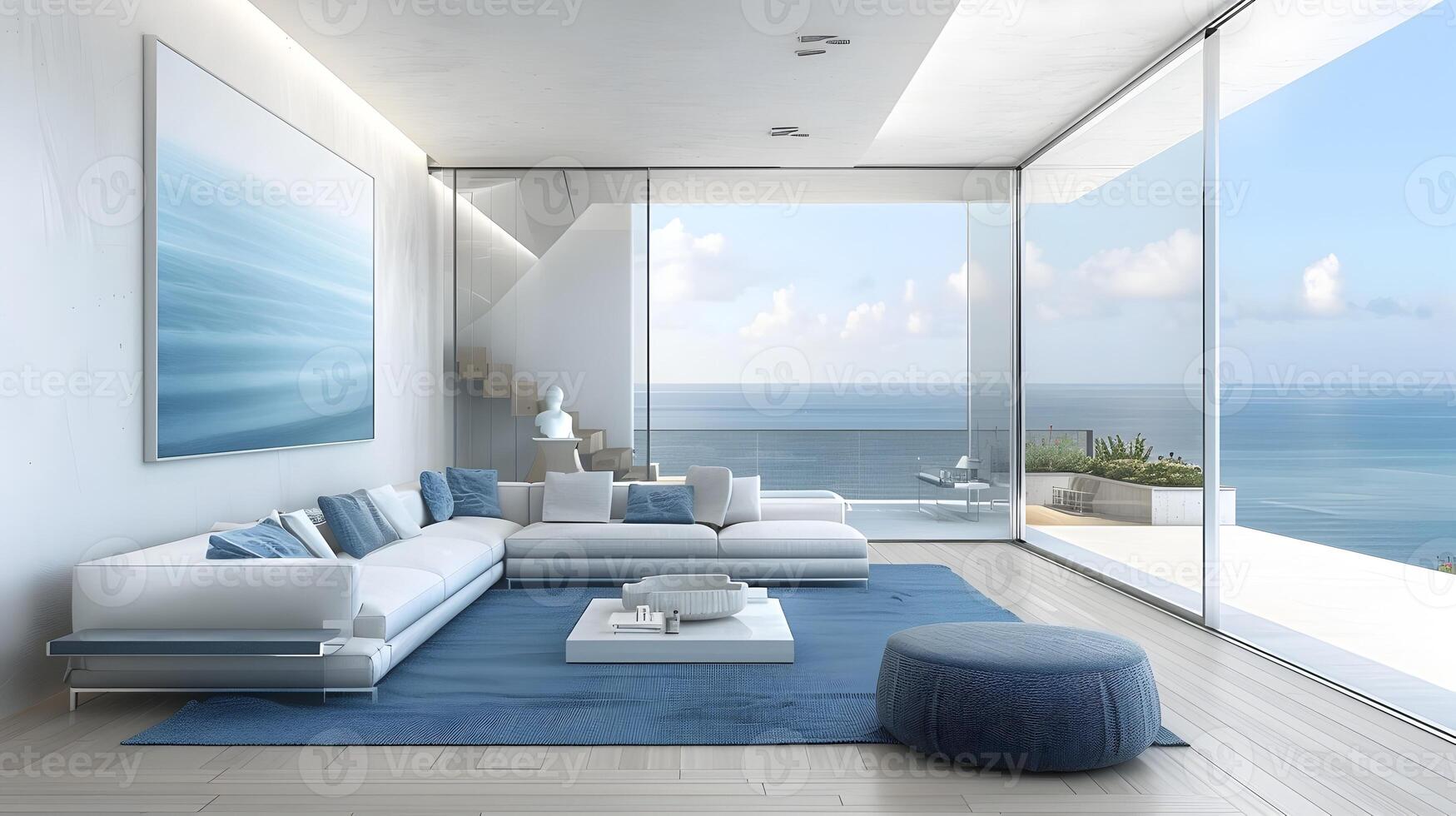 moderno vivo habitación con sereno Oceano ver y tranquilo azul acentos foto
