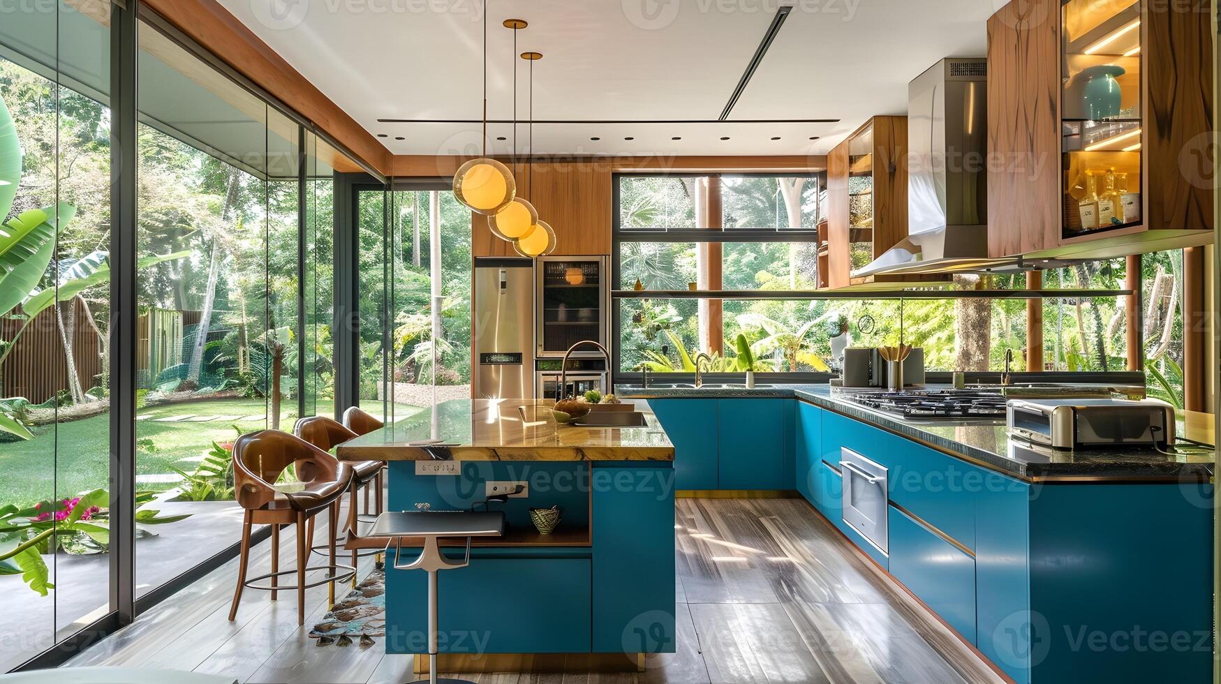 Modern Blue Kitchen in Brazilian Rainforest with Tropical Garden View photo