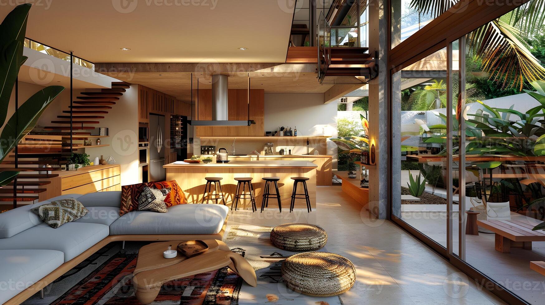 moderno Tulum estilo casa interior con abierto cocina y tropical plantas foto