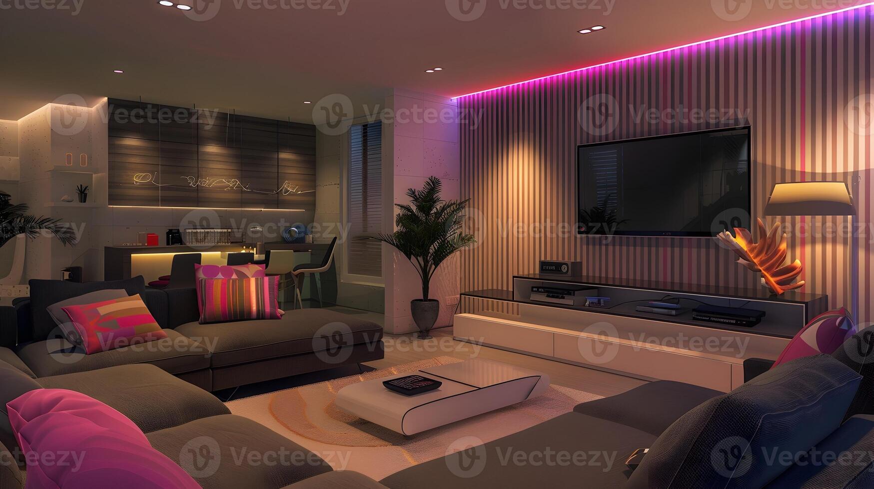 Modern Living Room with LED Lighting Strips A Chic and Vibrant Urban Space photo